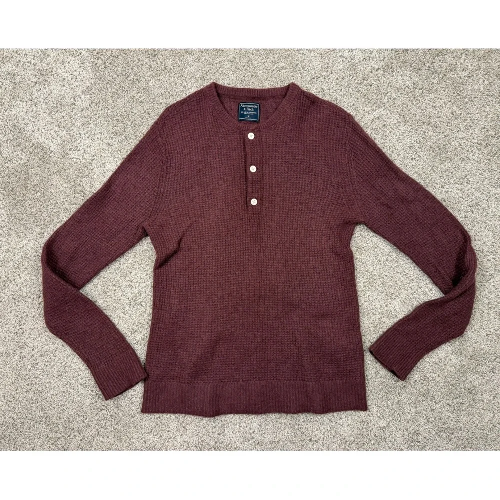Abercrombie & Fitch Burgundy Waffle Knit Henley Sweater Maroon Womens Medium - Picture 1 of 4
